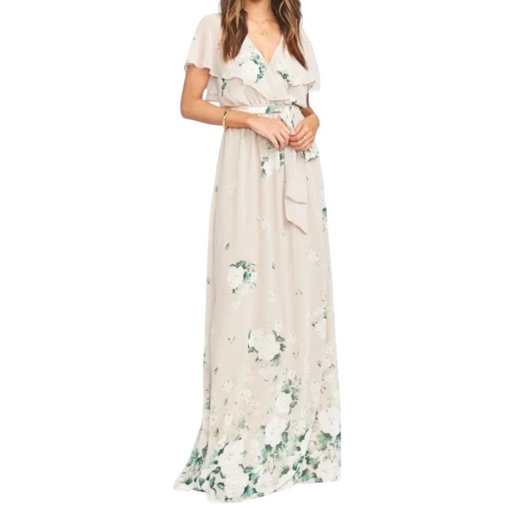 Show Me Mumu Audrey Bridesmaid Floral Flutter Sleeve Maxi Dress Tan Green Weddin